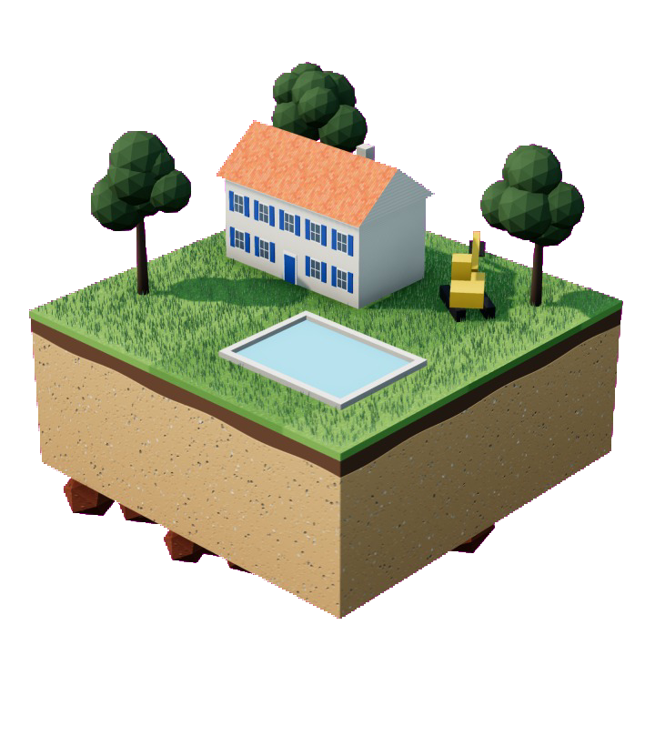 Bloco de terra em 3D feito com o kit: casa, piscina e escavadeira em cima, camadas de terra no corte